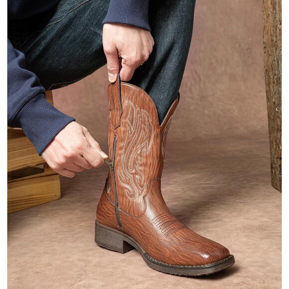 Jousen Mens Amy8420-lightbrown Embroidery Retro Square Toe Chunky Heeled Boots - Picture 4 of 7